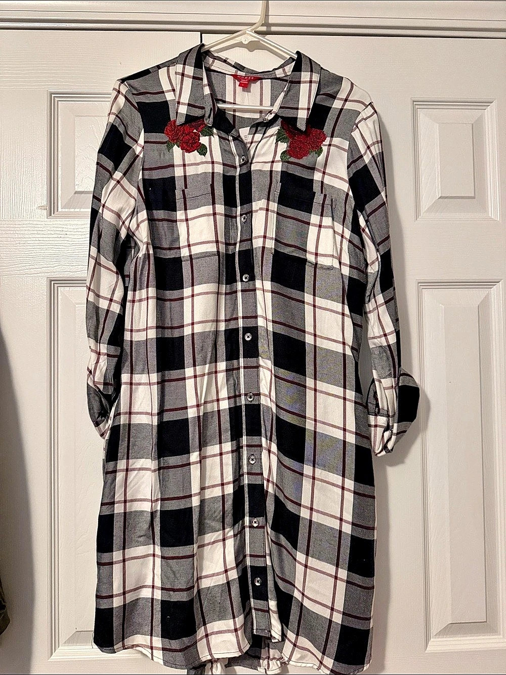 GUESS Taryn Rayon Twill Dress Plaid Button Down Top Black & White Large